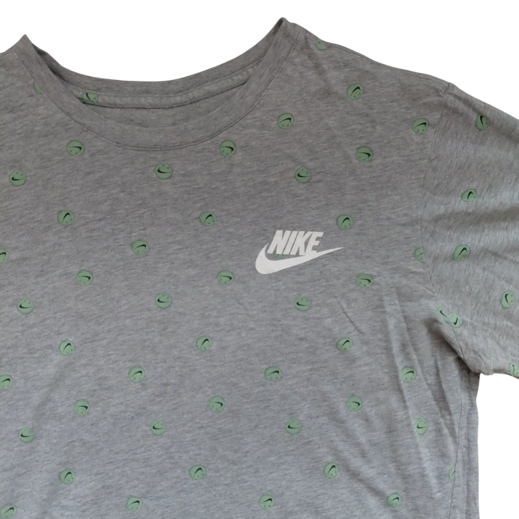 My Store grey Nike crew neck t-shirt featuring a white logo and small green smiley face graphic print
