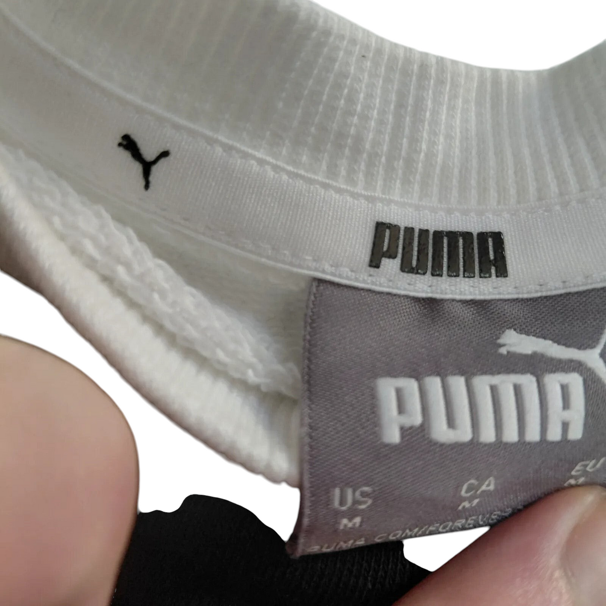 My Store Puma white cotton crewneck sweatshirt interior neck label and size tag detail
