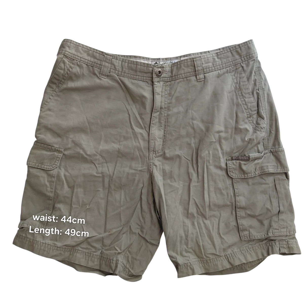 My Store beige Columbia cargo shorts with utility pockets and button closure, size 34 inch waist.