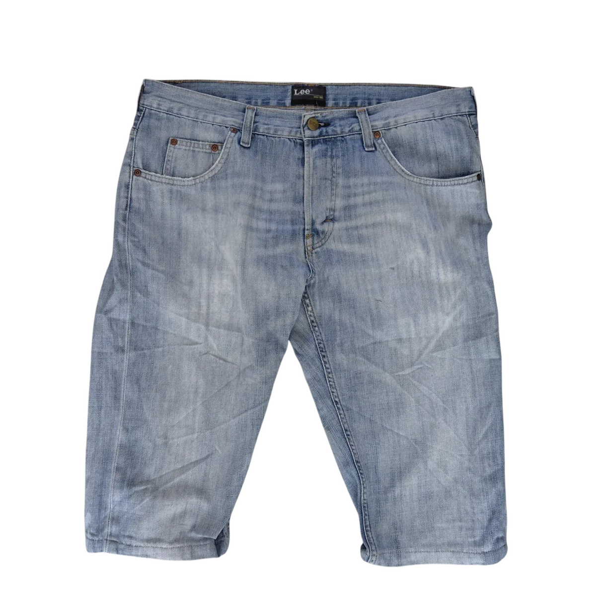 My Store Lee light blue denim jean shorts with a cuffed hem, button fly, and classic five-pocket design.