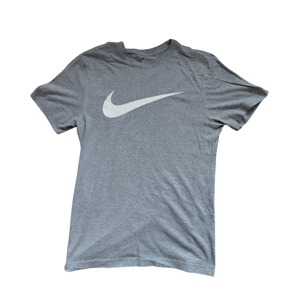 My Store grey Nike crew neck t-shirt with a large white Swoosh logo on the front, size small.