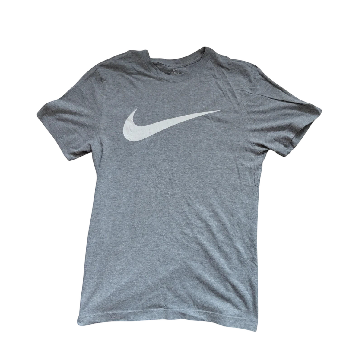 My Store grey Nike crew neck t-shirt with a large white Swoosh logo on the front, size small.