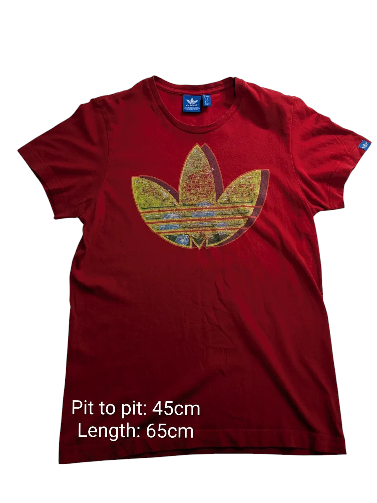 My Store red Adidas cotton crew neck t-shirt featuring a distressed graphic trefoil logo on the front