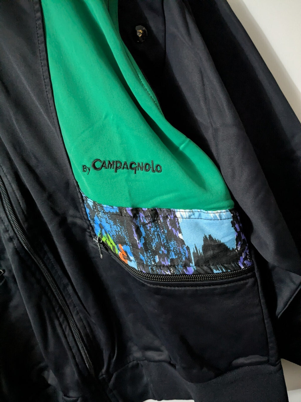 Campagnolo Track Jacket Mens L Black Green Geometric Retro Full-Zip