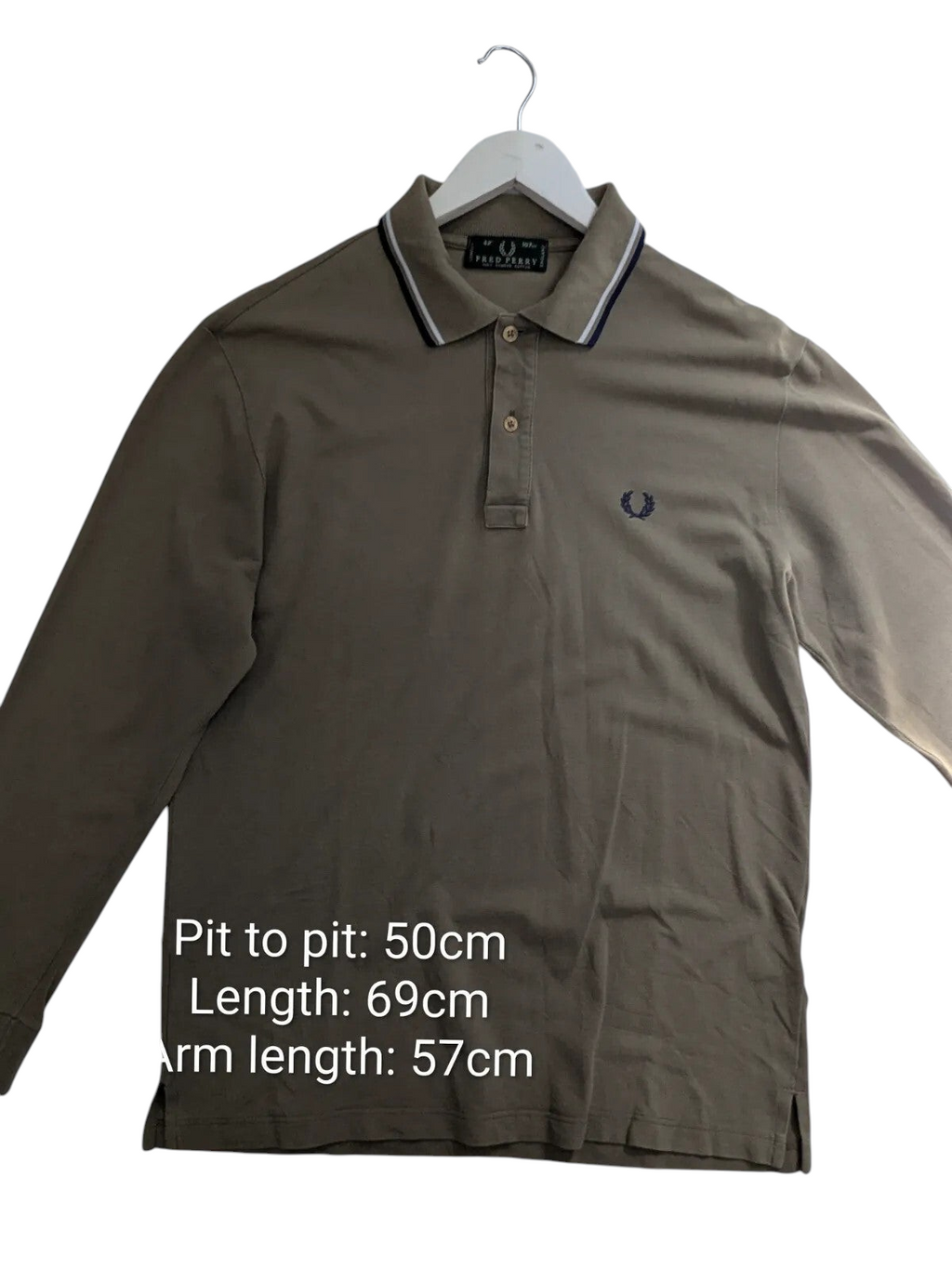 My Store Fred Perry khaki long sleeve polo shirt in cotton pique with striped collar and embroidered logo