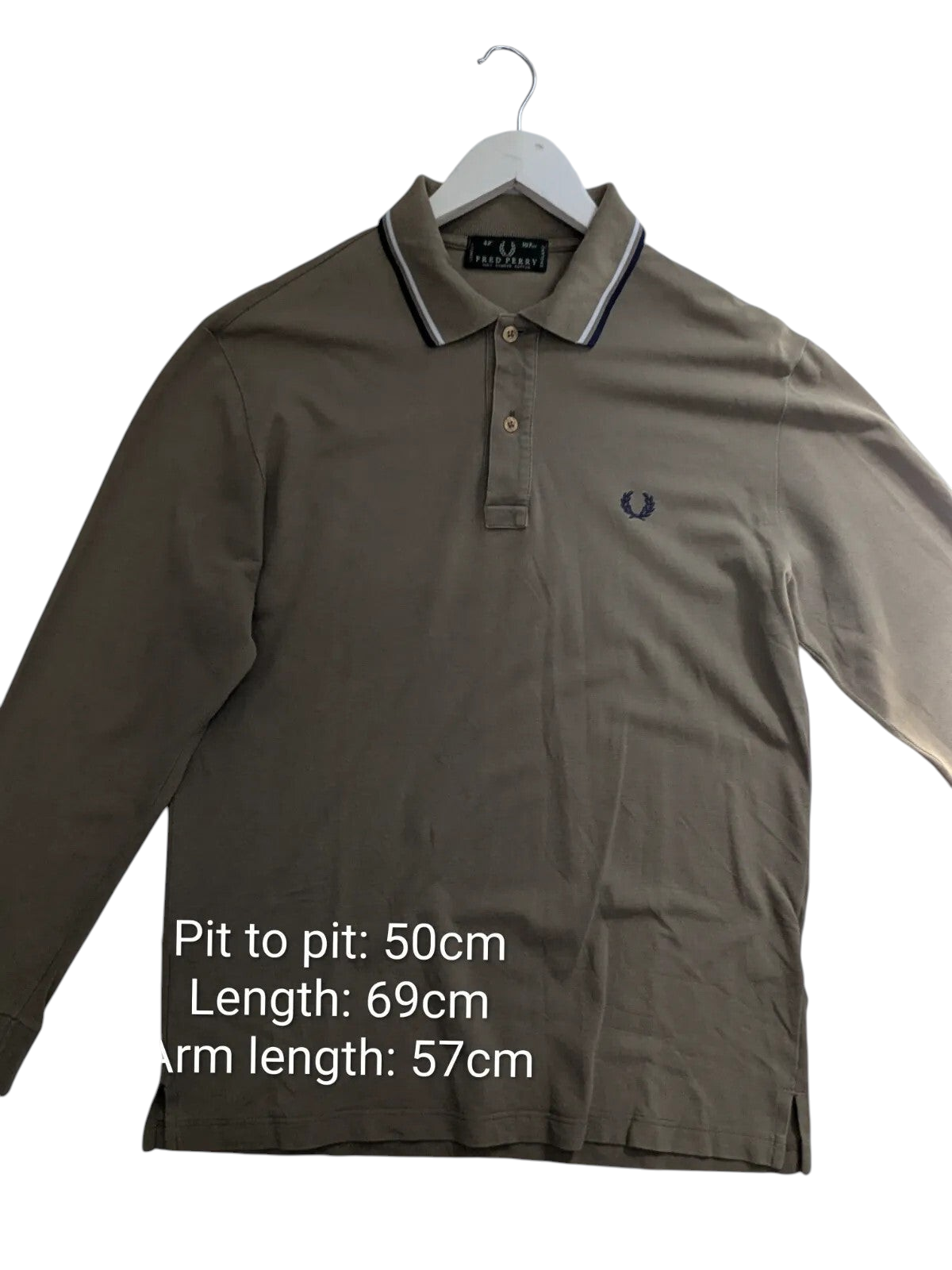 My Store Fred Perry khaki long sleeve polo shirt in cotton pique with striped collar and embroidered logo