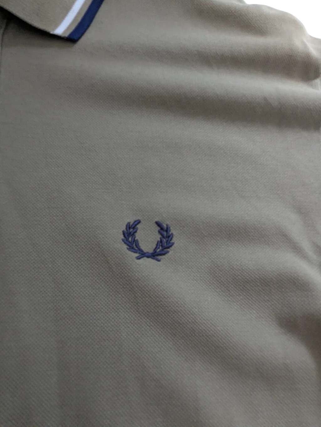 My Store khaki Fred Perry long sleeve cotton pique polo shirt with embroidered logo and striped collar detail