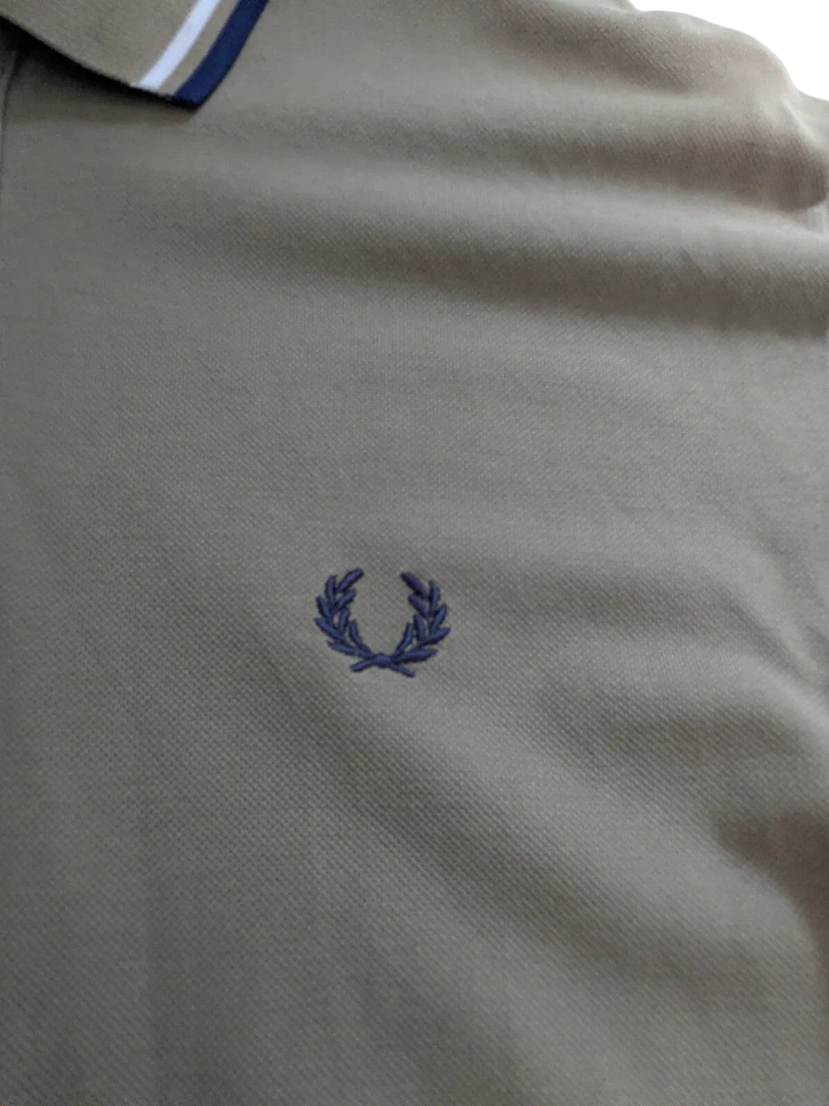 My Store khaki Fred Perry long sleeve cotton pique polo shirt with embroidered logo and striped collar detail