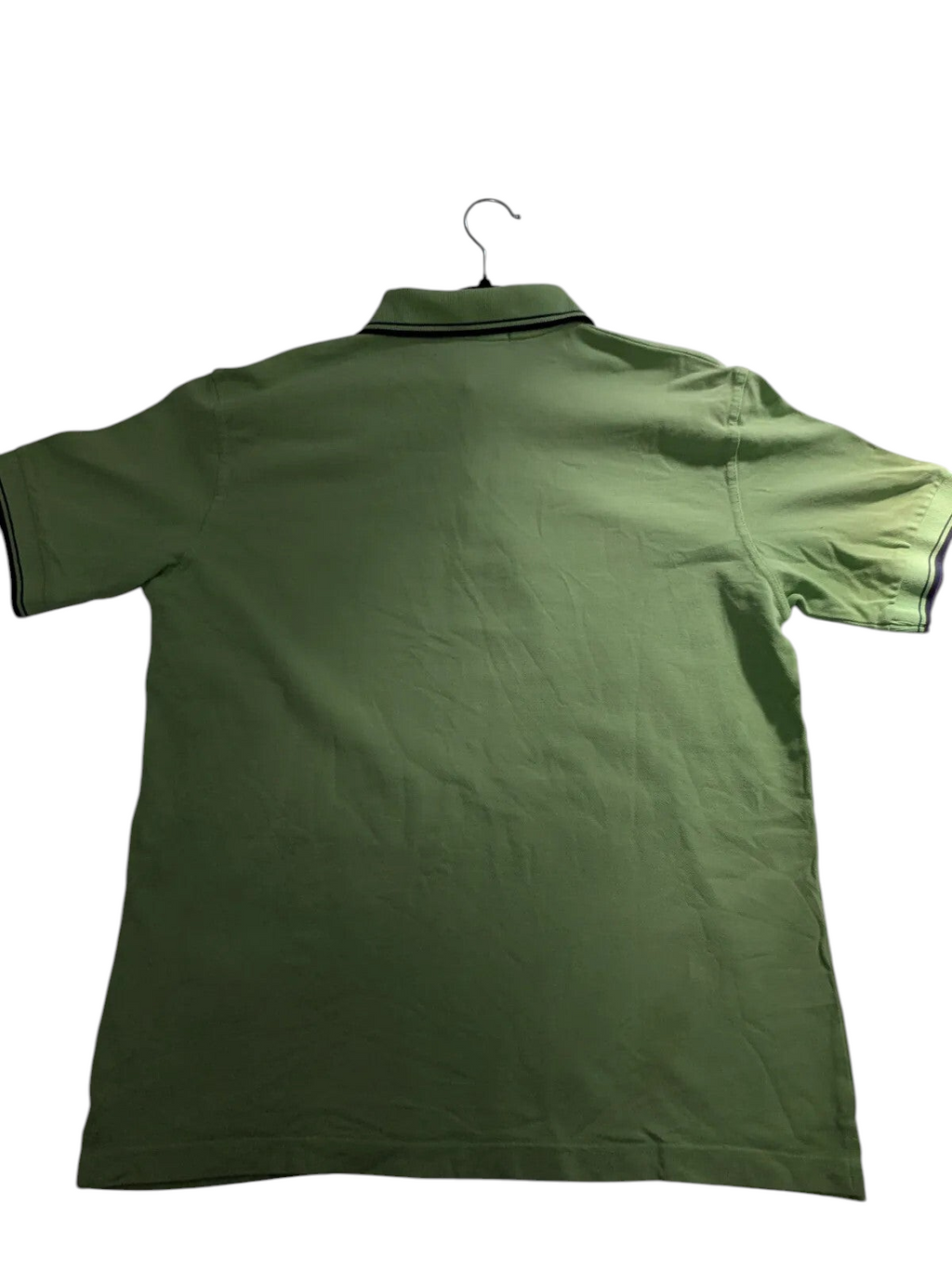 My Store Fred Perry green cotton pique polo shirt with short sleeves and striped collar detail, back view.
