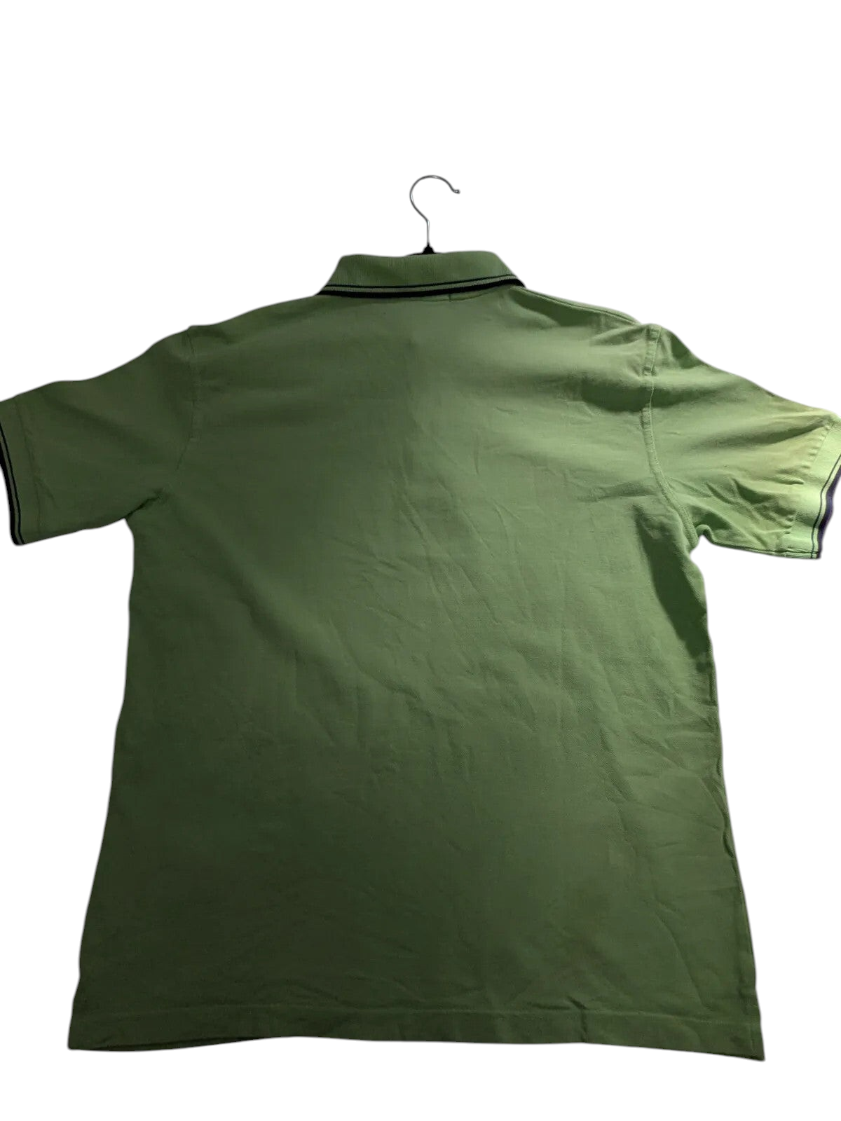 My Store Fred Perry green cotton pique polo shirt with short sleeves and striped collar detail, back view.