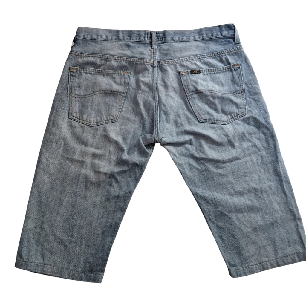My Store Lee Knox light blue denim shorts featuring a faded wash and back pockets, shown from the rear view.