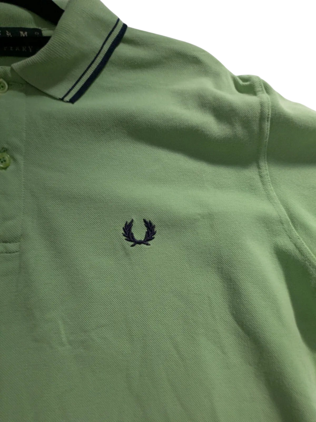 My Store Fred Perry green cotton pique polo shirt with navy blue striped collar and embroidered logo detail
