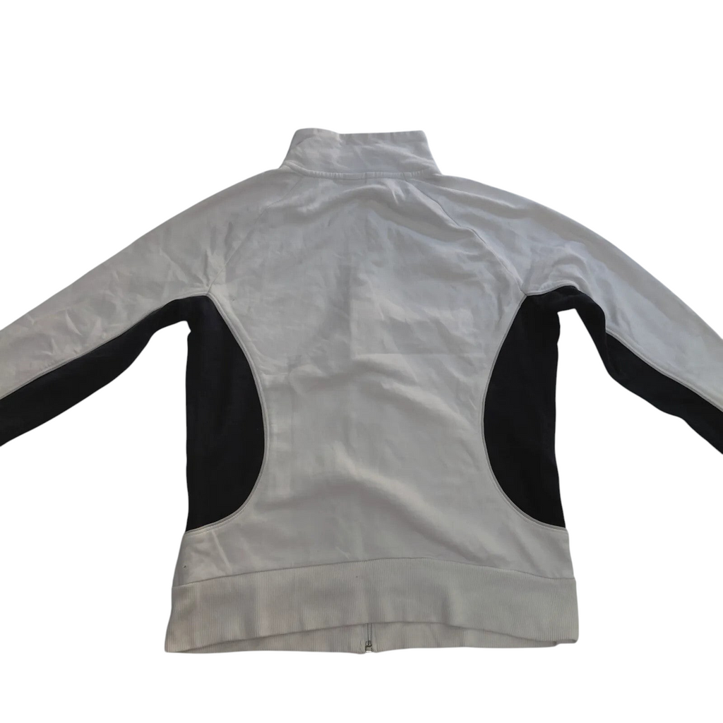 My Store Puma womens white and black colour block polyester track jacket, back view of full zip athletic top.