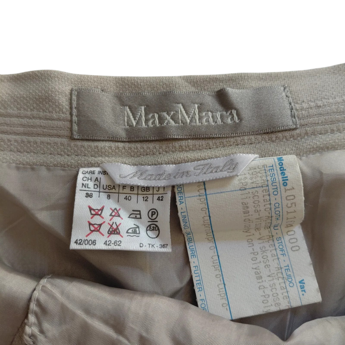 My Store MaxMara beige pencil skirt interior label showing fabric composition and care instructions