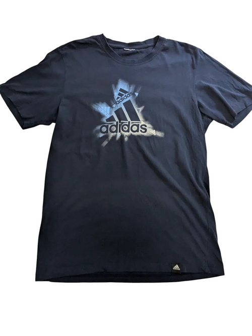 My Store navy cotton adidas crew neck t-shirt with a blue and white graphic logo print on the chest.