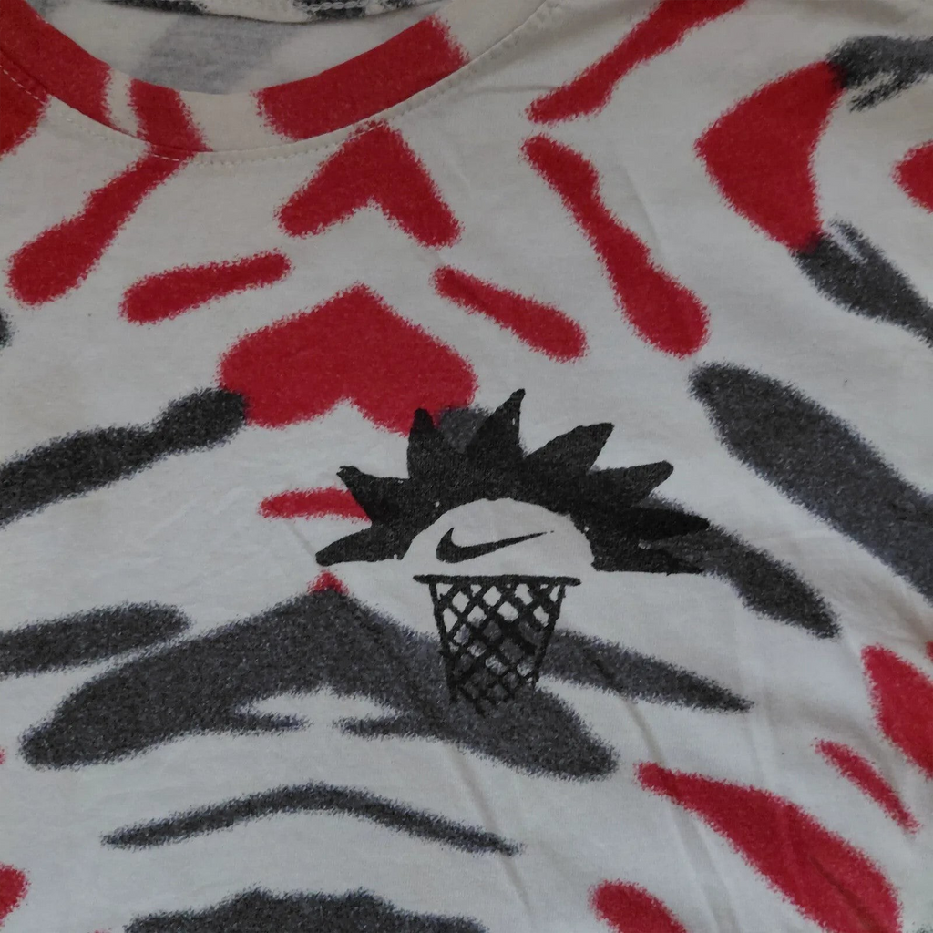 My Store Nike crew neck t-shirt in white with red and black tiger stripe pattern and basketball hoop graphic logo