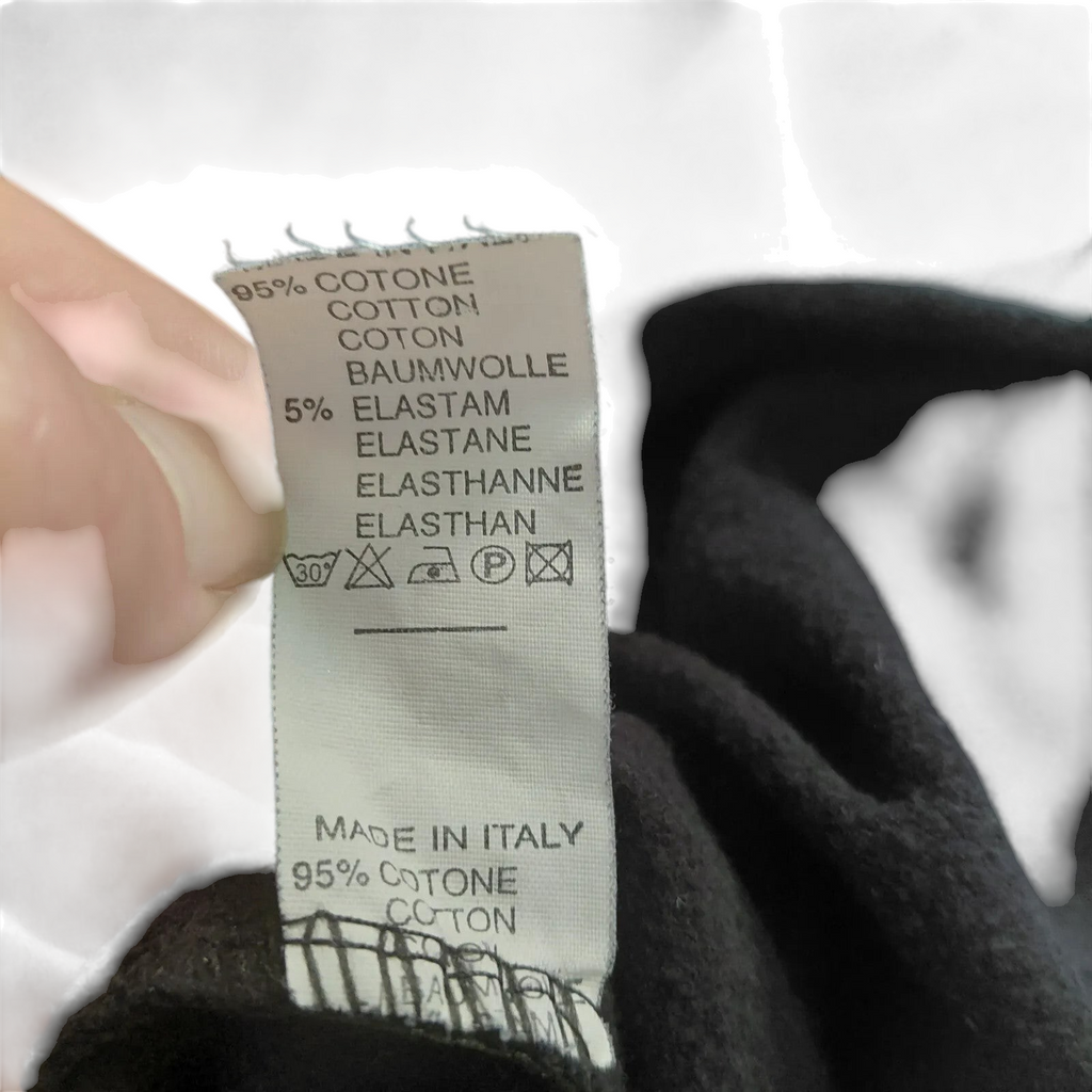 My Store Pyrex hoodie care label showing 95 percent cotton and 5 percent elastane composition made in Italy