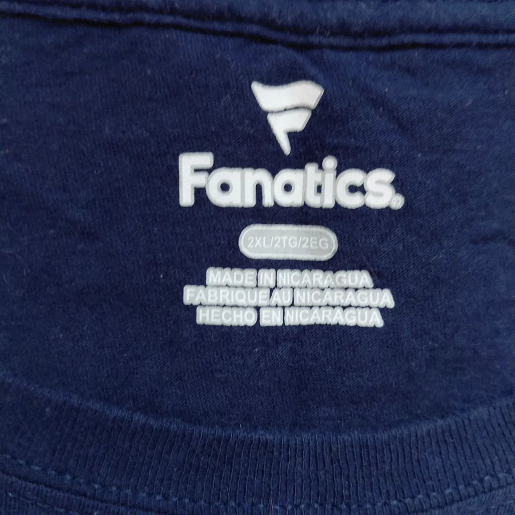 My Store Fanatics navy cotton t-shirt interior neck label showing size 2XL and country of origin