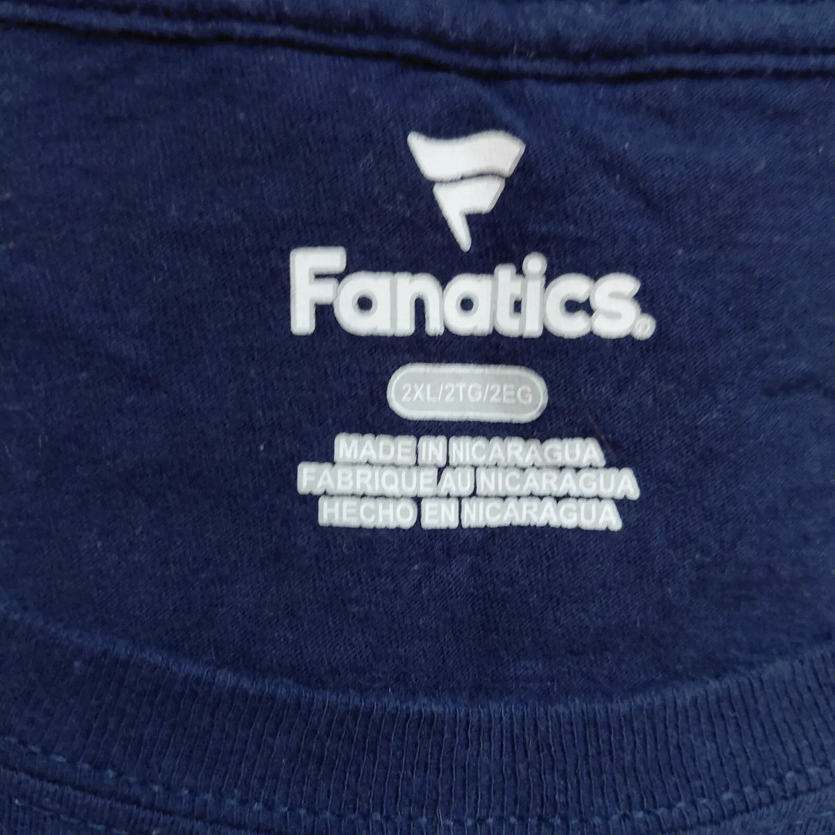 My Store Fanatics navy cotton t-shirt interior neck label showing size 2XL and country of origin