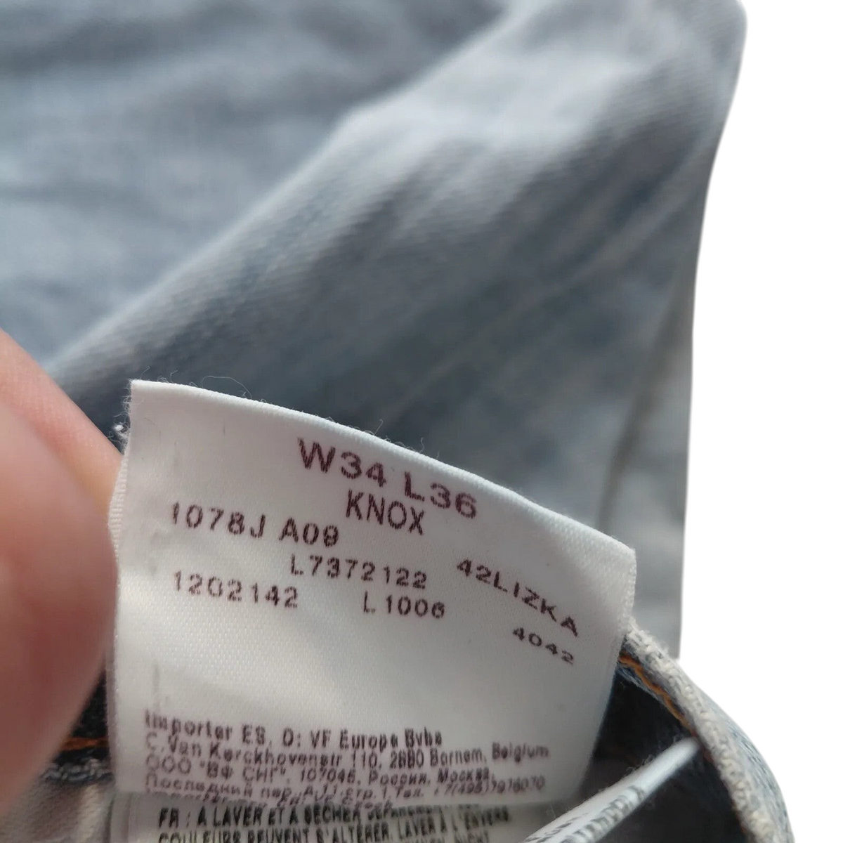 My Store Lee Knox denim shorts size tag showing W34 L36 and light blue wash fabric detail
