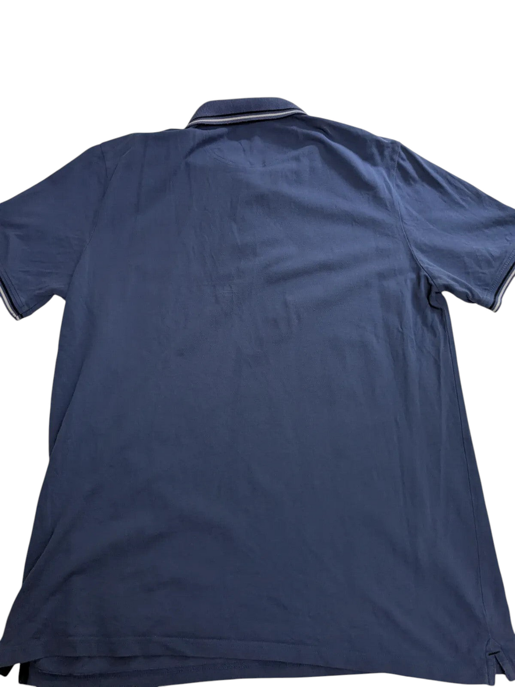 My Store Champion blue cotton pique polo shirt with striped collar trim, back view, size 3XL.