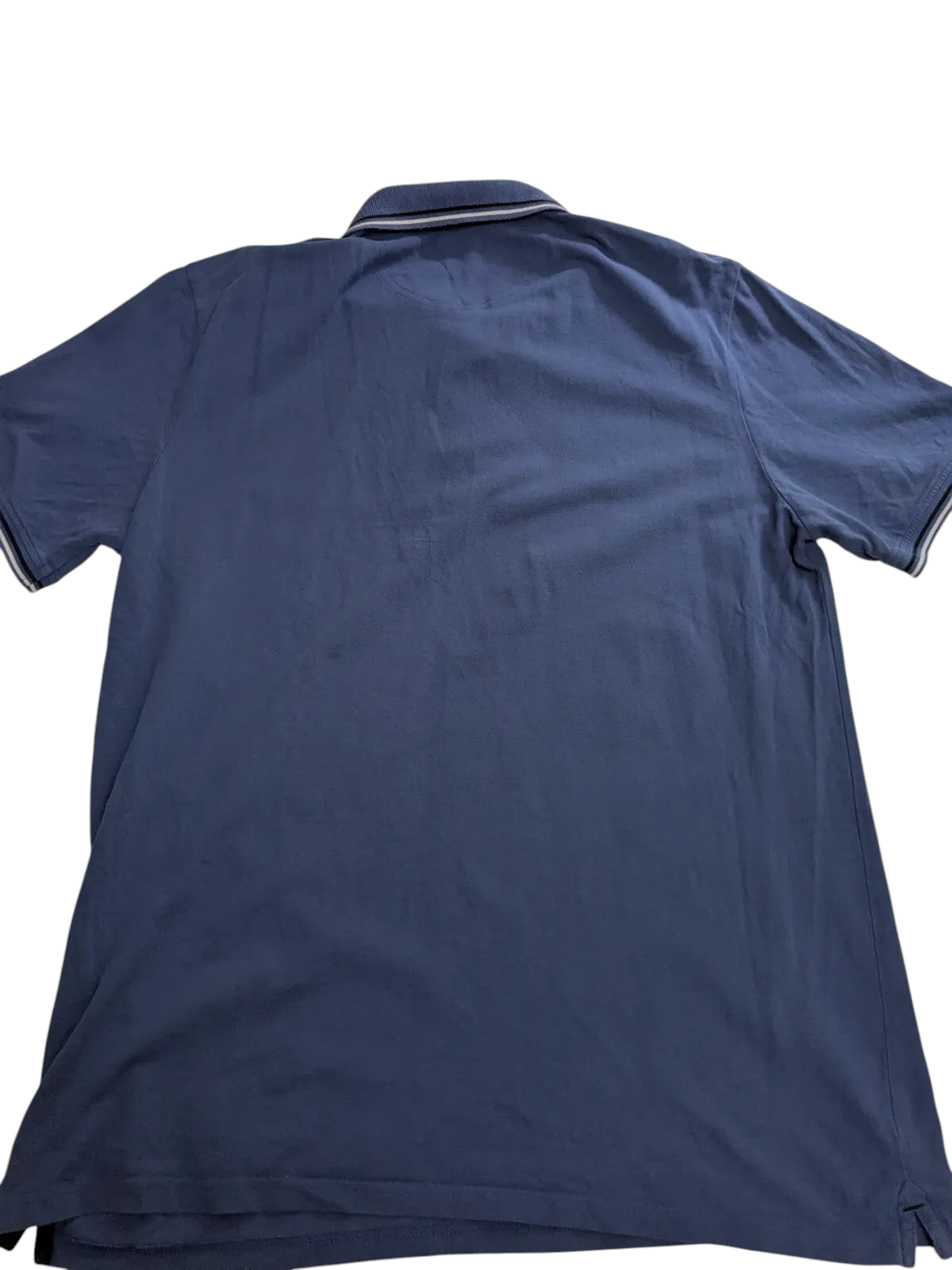 My Store Champion blue cotton pique polo shirt with striped collar trim, back view, size 3XL.