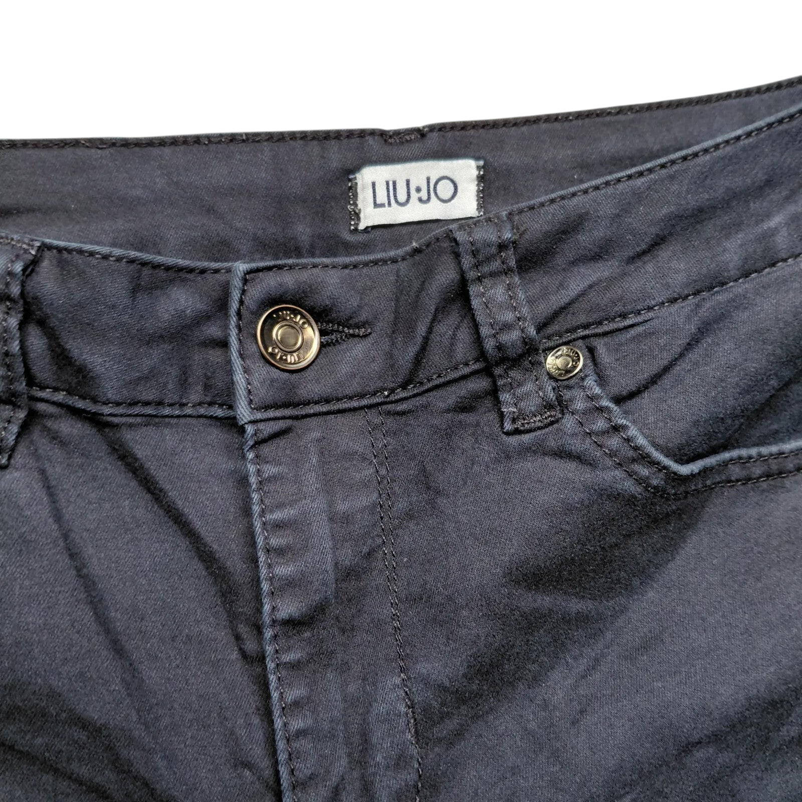 My Store Liu Jo black denim skinny jeans featuring a branded button closure and waistband label