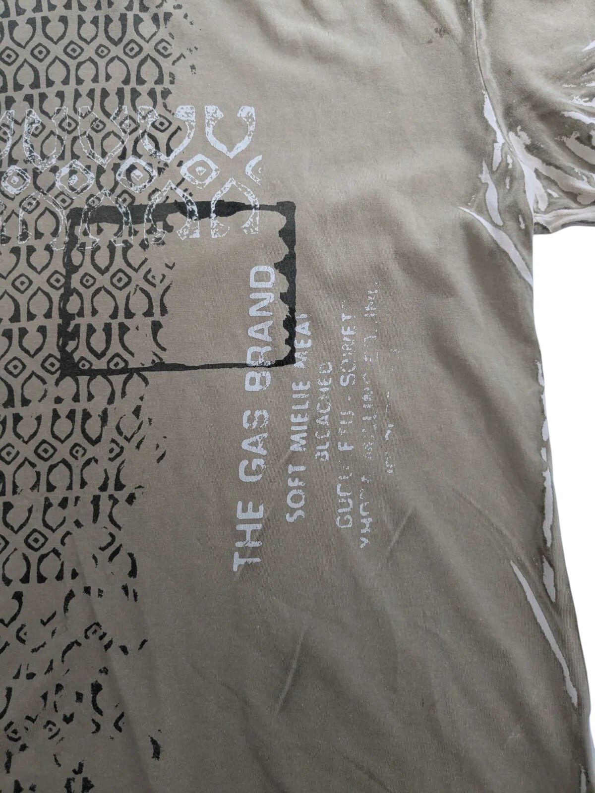 My Store khaki cotton GAS graphic t-shirt with distressed print and geometric patterns in a streetwear style