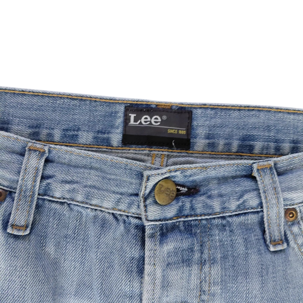 My Store Lee light blue wash denim shorts featuring a button fly and branded waist label