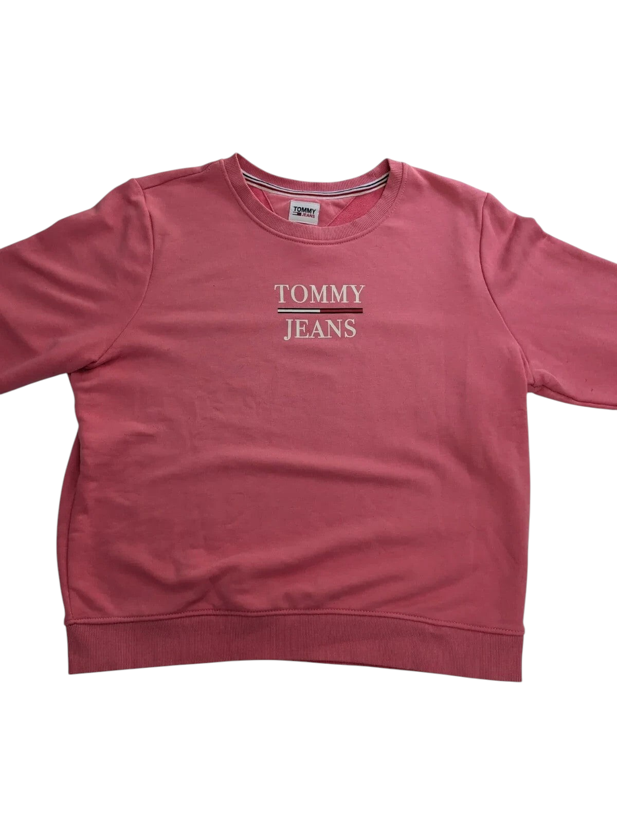 My Store pink Tommy Jeans crewneck sweatshirt with white logo embroidery on the chest