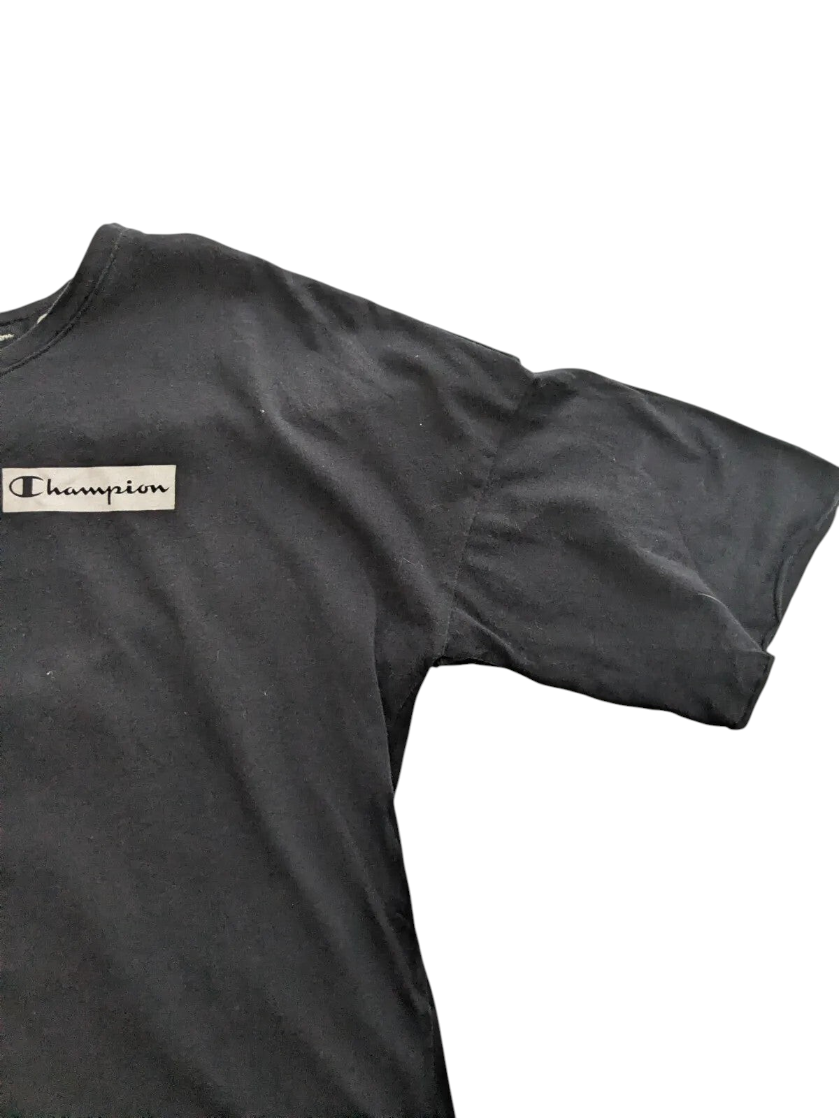 My Store pre-owned black Champion t-shirt with a rectangular logo patch on the chest, size large.