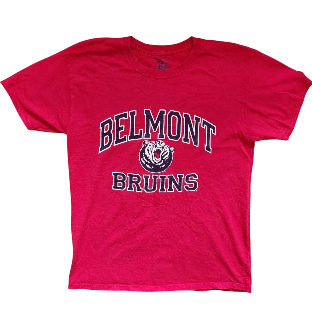 My Store red Champion crew neck t-shirt featuring a Belmont Bruins logo graphic, size medium, 100% cotton.