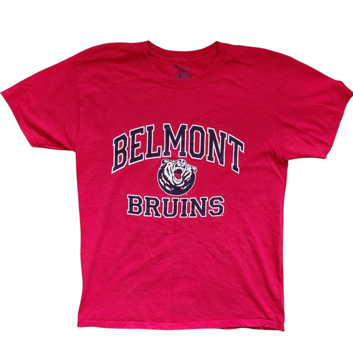 My Store red Champion crew neck t-shirt featuring a Belmont Bruins logo graphic, size medium, 100% cotton.