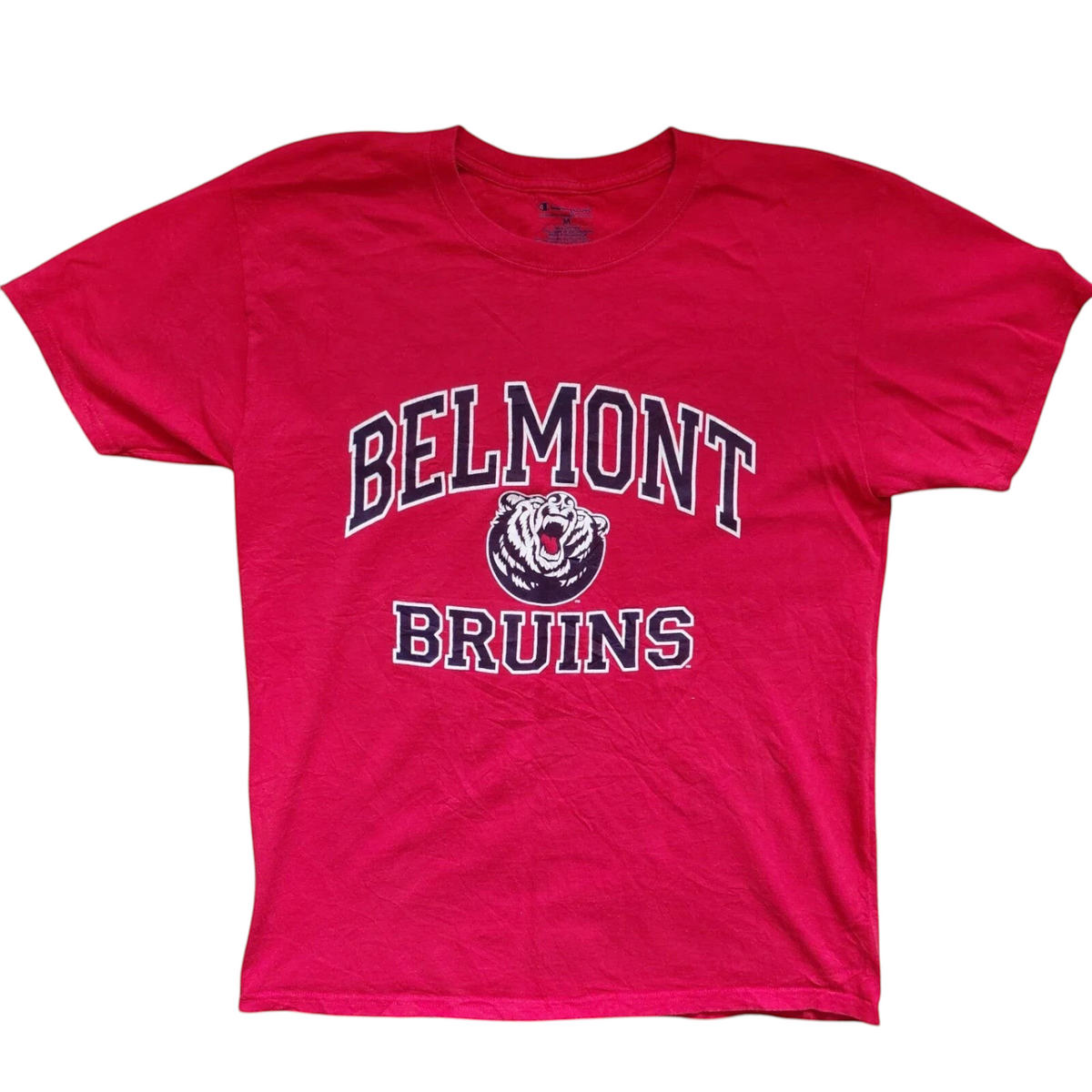 My Store red Champion crew neck t-shirt featuring a Belmont Bruins logo graphic, size medium, 100% cotton.