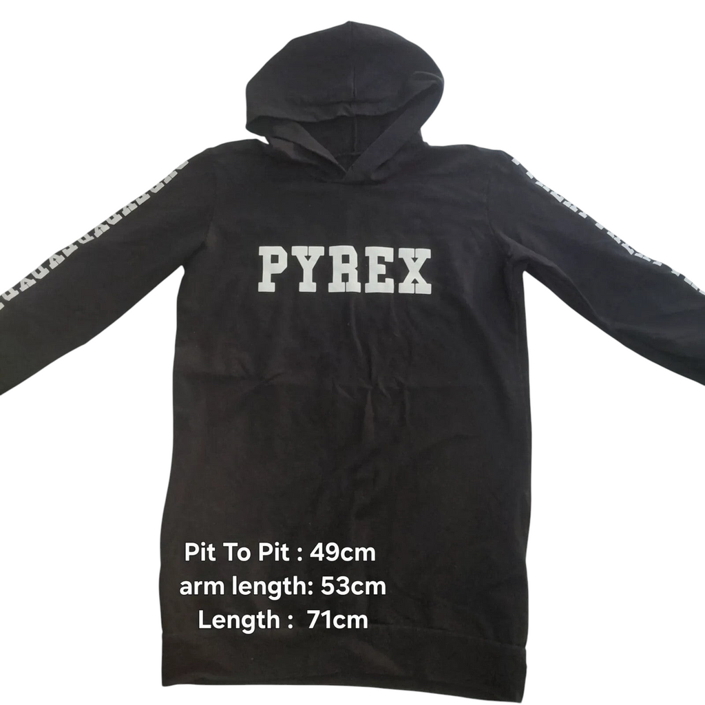 My Store black Pyrex cotton pullover hoodie with white logo graphic on chest and sleeves in streetwear style