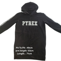 My Store black Pyrex cotton pullover hoodie with white logo graphic on chest and sleeves in streetwear style