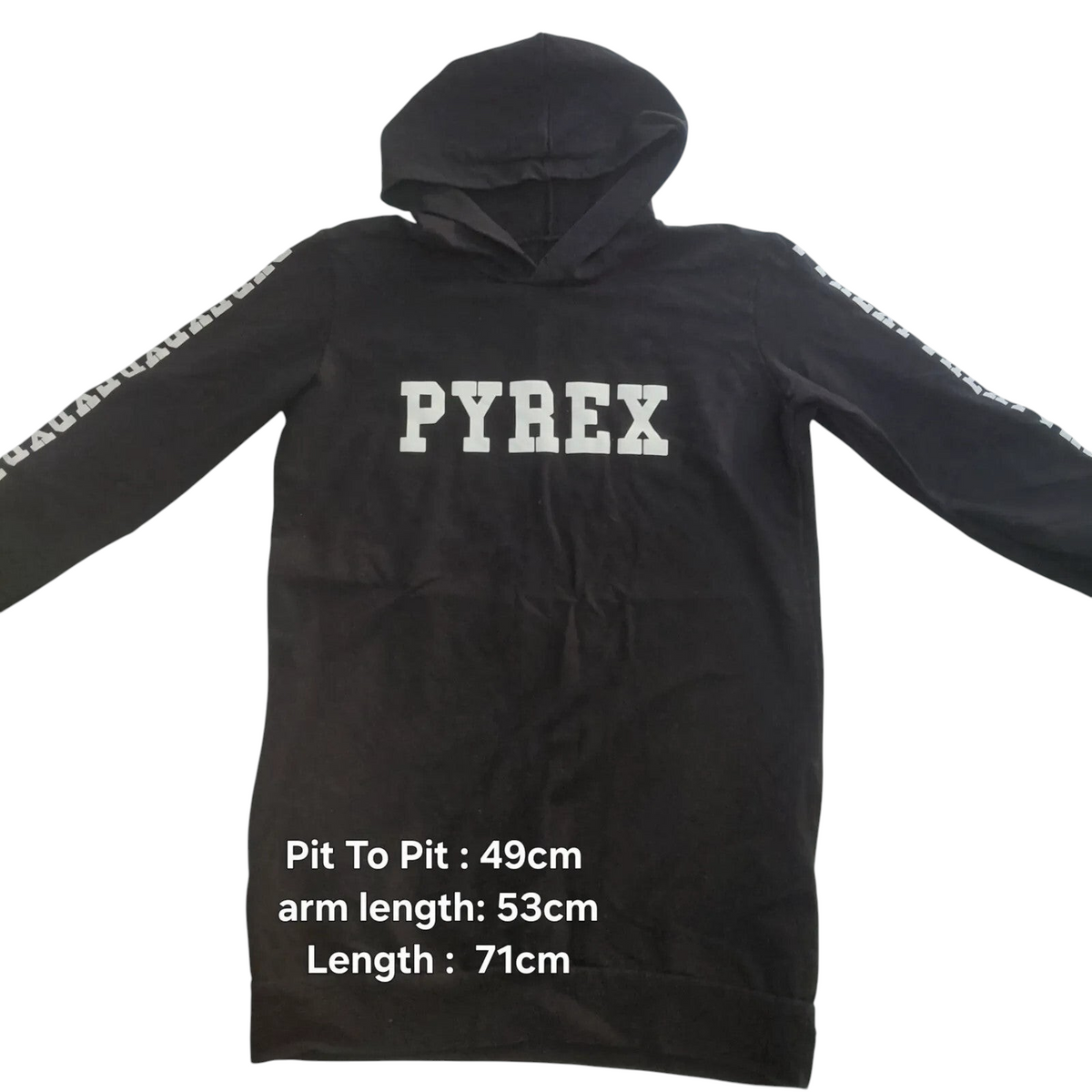 My Store black Pyrex cotton pullover hoodie with white logo graphic on chest and sleeves in streetwear style
