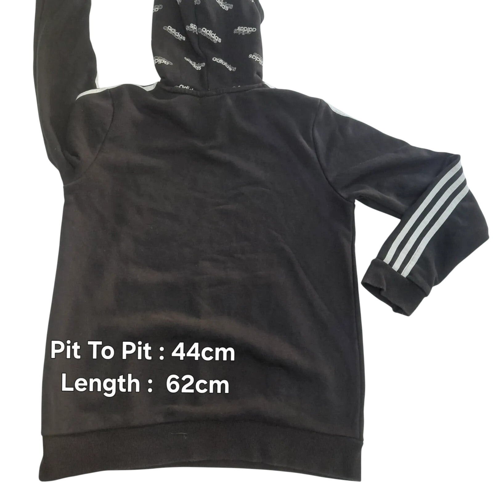My Store black adidas pullover hoodie with white three-stripe sleeves and branded hood lining, back view.