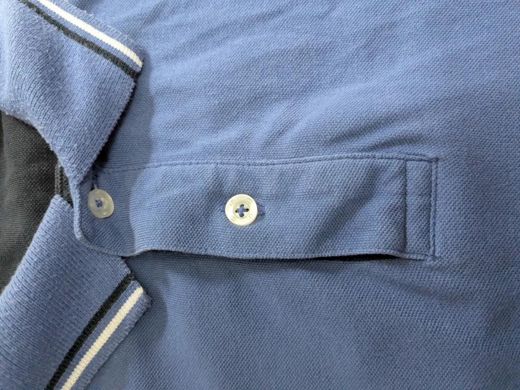 My Store blue cotton pique polo shirt with striped collar trim and button placket detail