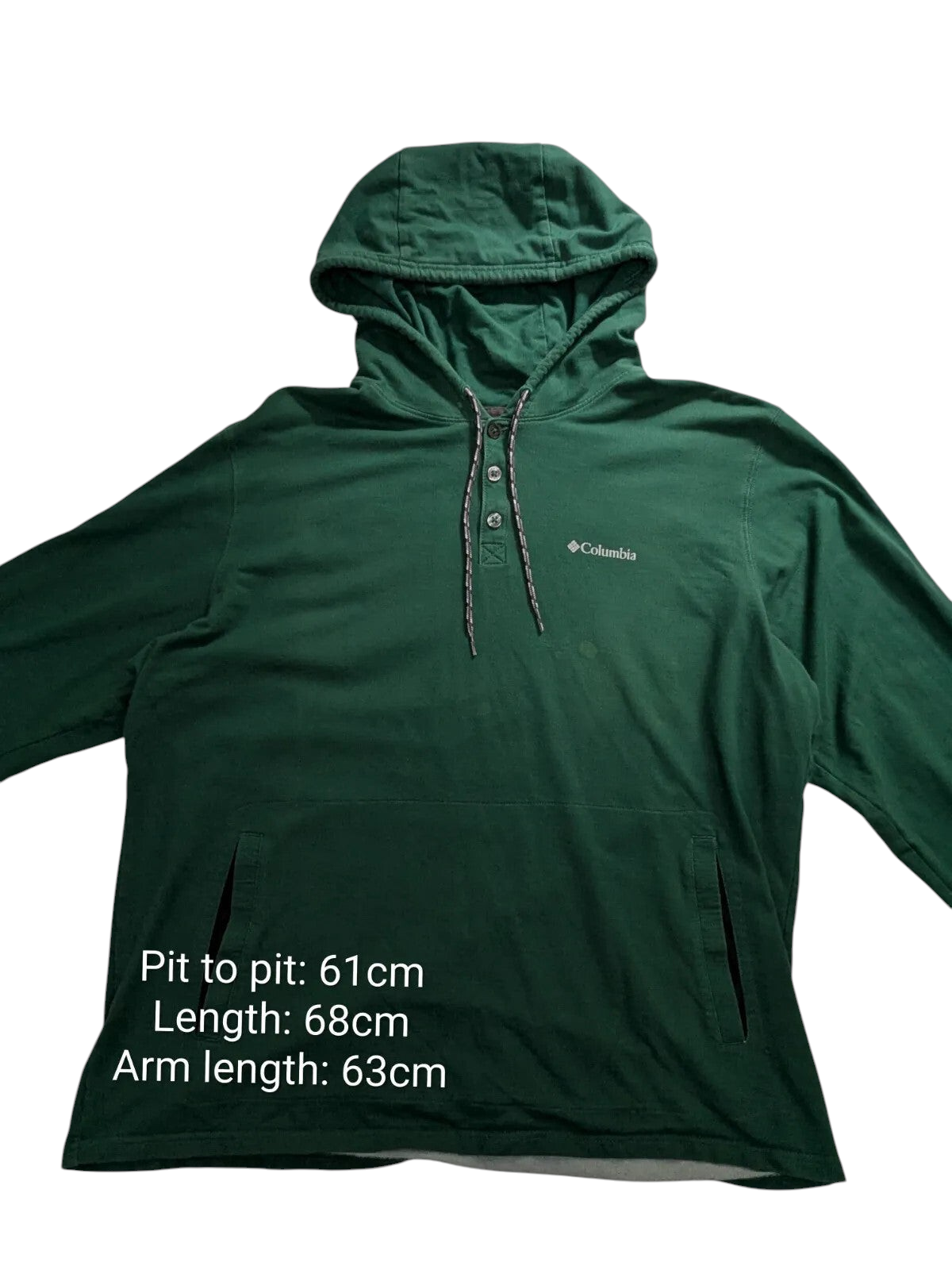 My Store Columbia green cotton hooded pullover with button placket and front pocket