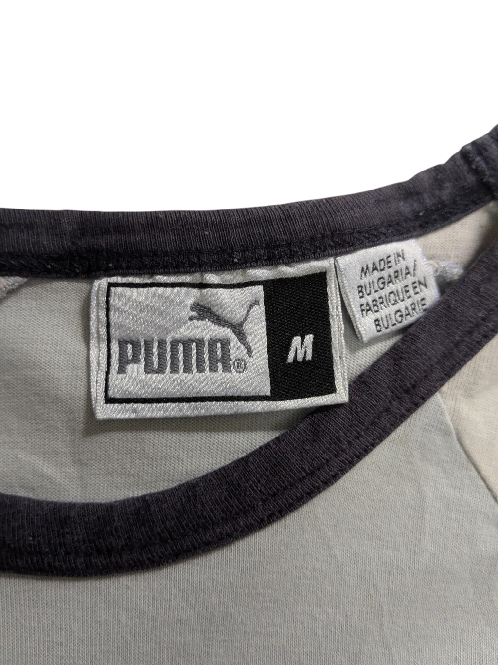 My Store Puma grey football shirt size M label detail with crew neck and raglan sleeve stitching