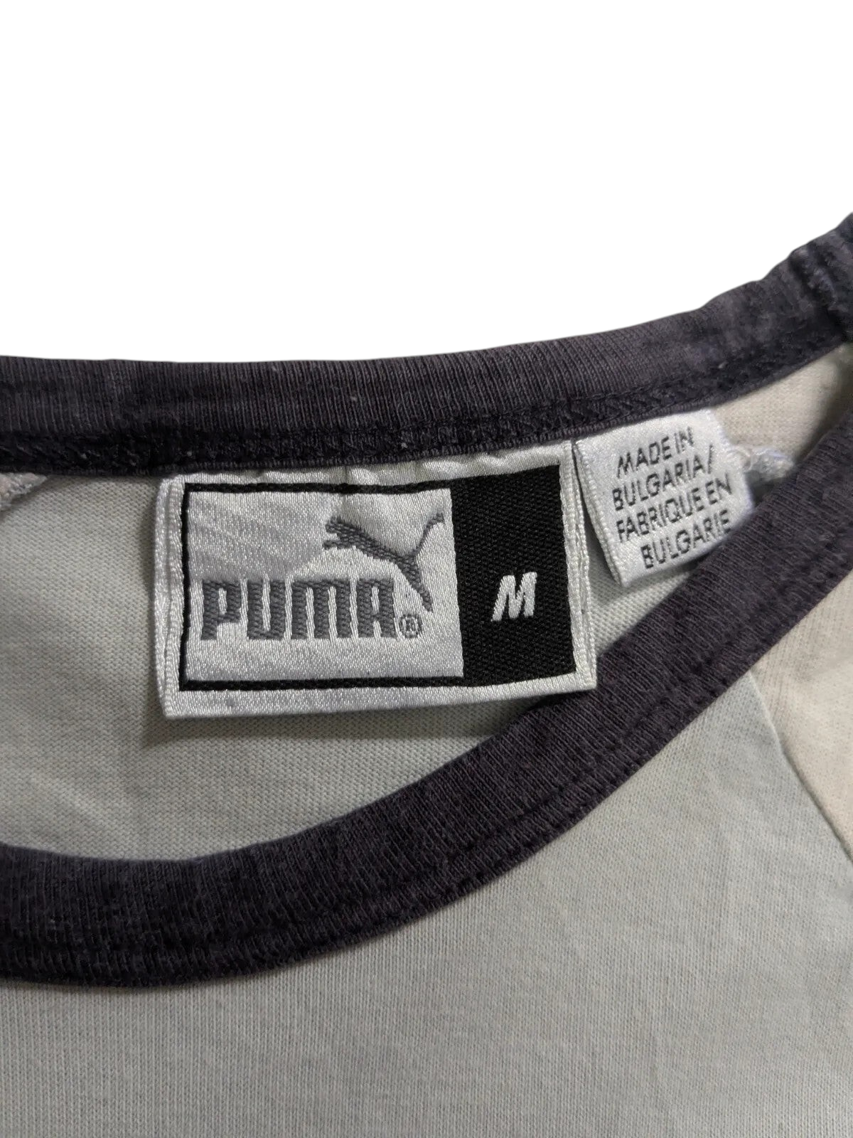 My Store Puma grey football shirt size M label detail with crew neck and raglan sleeve stitching