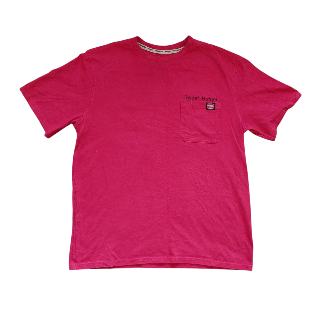 My Store Wrangler pink crew neck t-shirt with chest pocket and Sweet Bethel graphic logo print