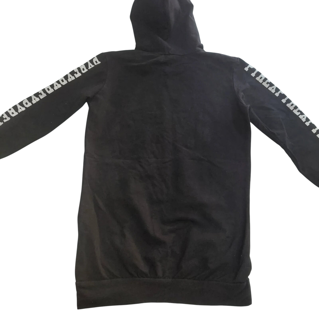 My Store black Pyrex cotton pullover hoodie with white logo text on the sleeves, back view.