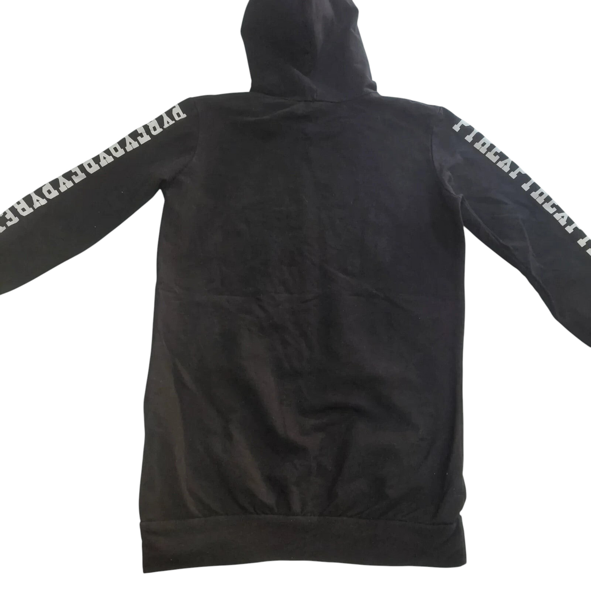 My Store black Pyrex cotton pullover hoodie with white logo text on the sleeves, back view.
