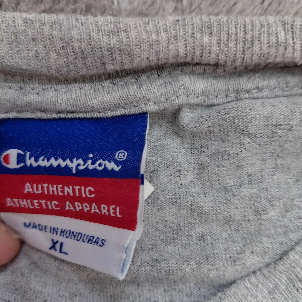 My Store Champion grey heather cotton t-shirt neck label showing size XL and authentic athletic apparel branding