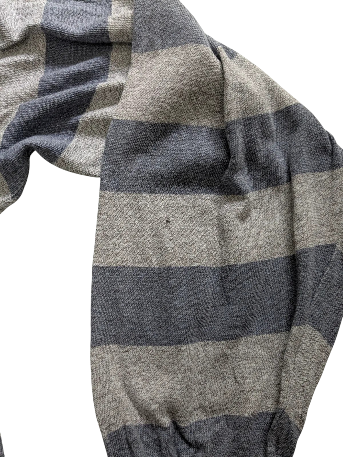 My Store grey and blue striped Converse long sleeve polo shirt showing a small fabric nick on the sleeve