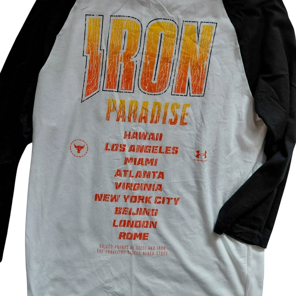 My Store Under Armour white and black raglan long sleeve t-shirt with Iron Paradise graphic print on the back