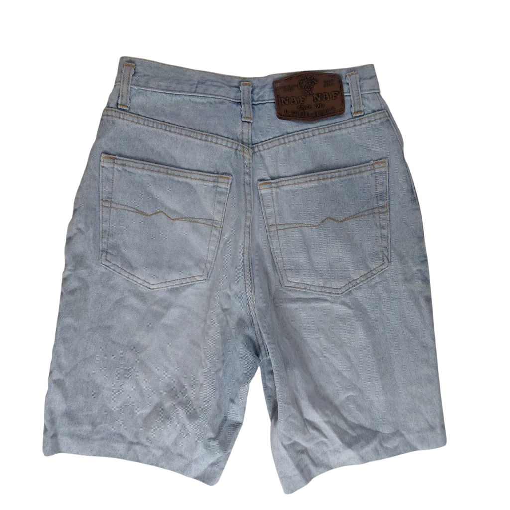 My Store Naf Naf light blue denim shorts with a light wash finish and back leather brand patch