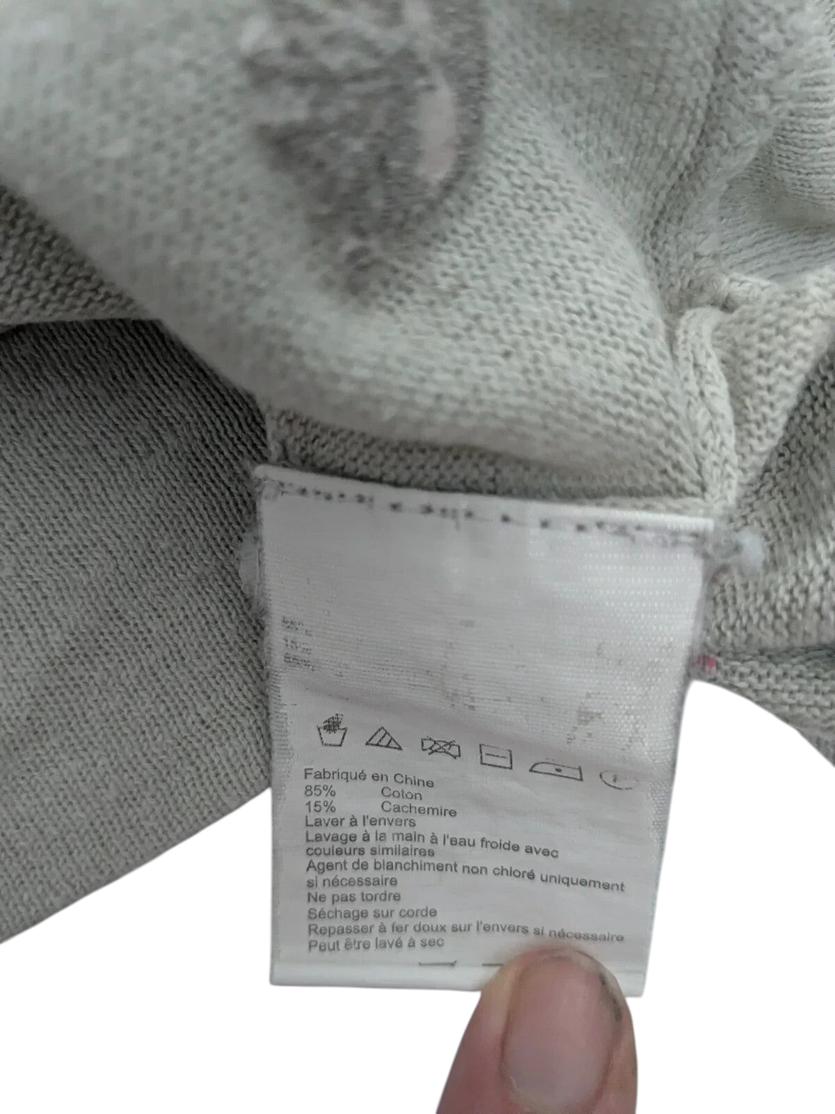 My Store Timberland grey cotton cashmere blend jumper care label showing fabric composition and washing instructions